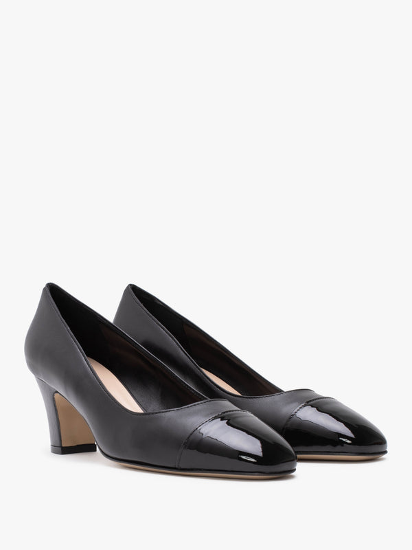 Akuna Black Leather Block Heel Court Shoes