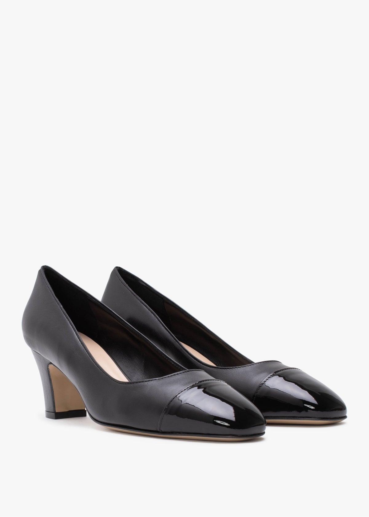 Akuna Black Leather Block Heel Court Shoes