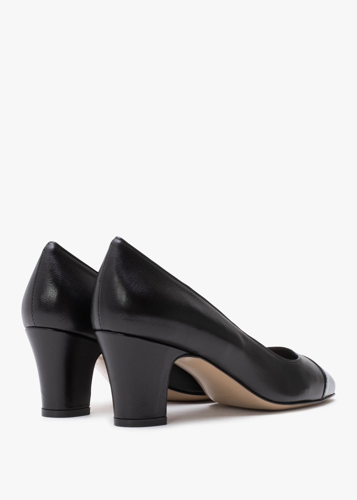 Akuna Black Leather Block Heel Court Shoes