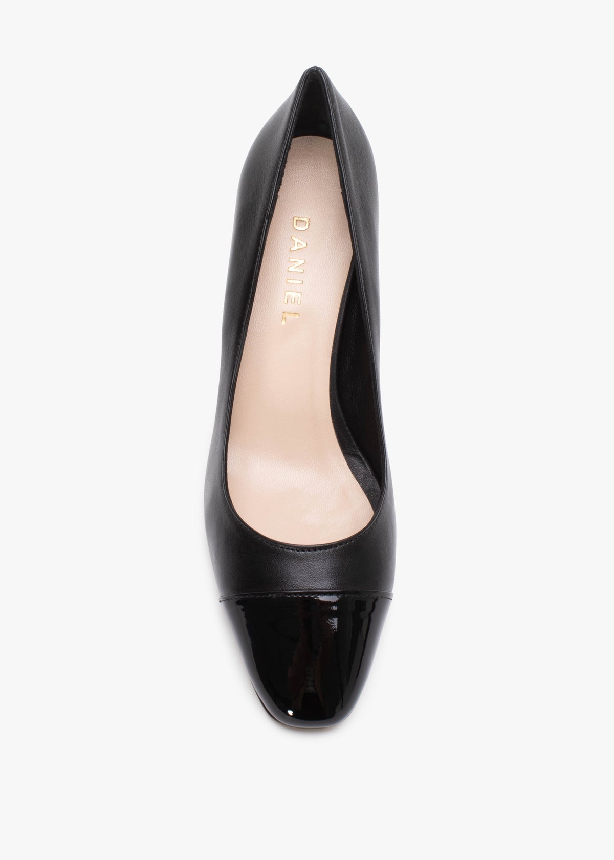 Akuna Black Leather Block Heel Court Shoes