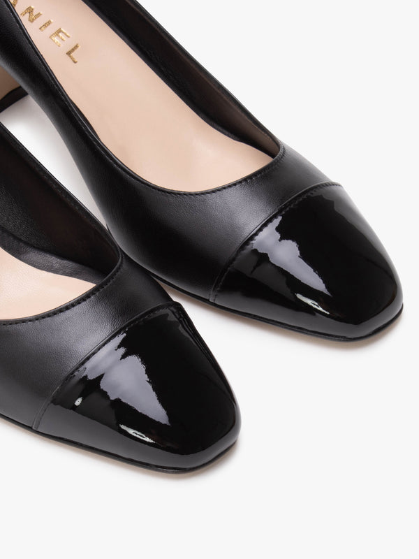 Akuna Black Leather Block Heel Court Shoes
