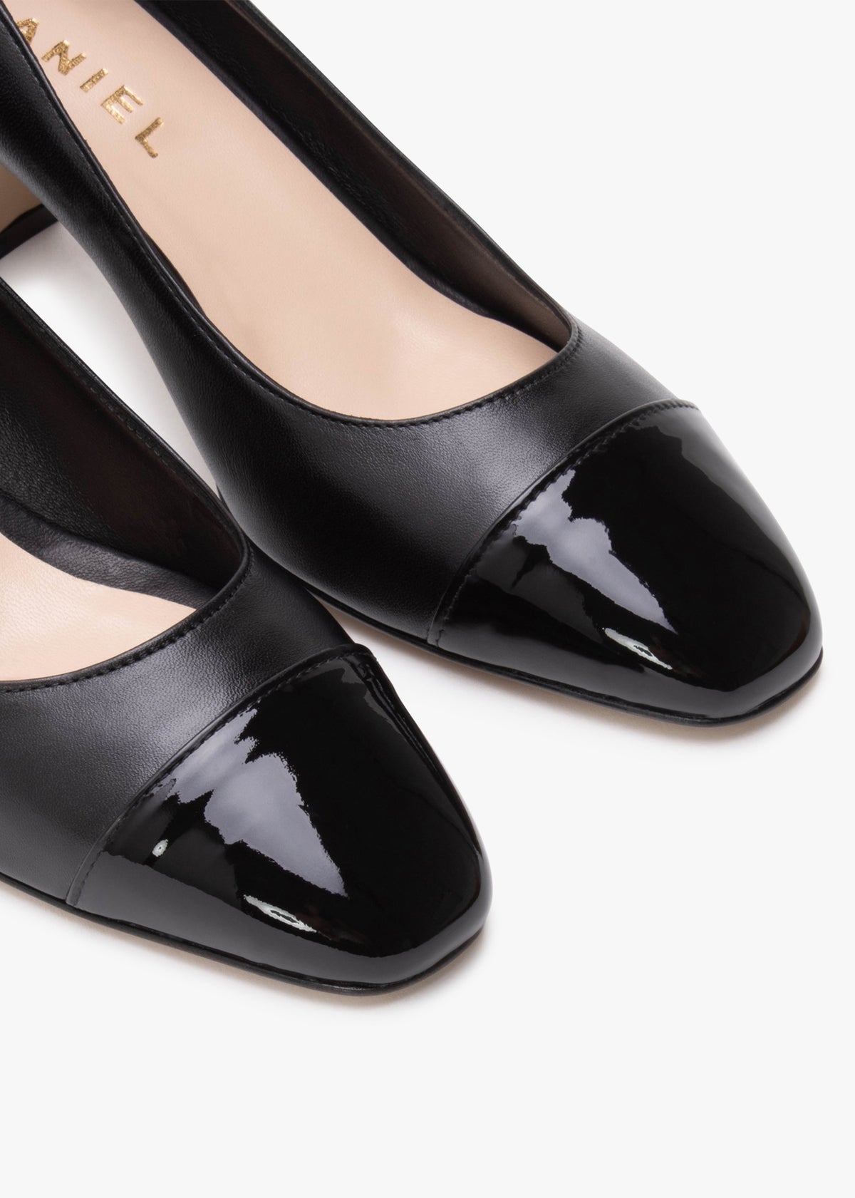 Akuna Black Leather Block Heel Court Shoes