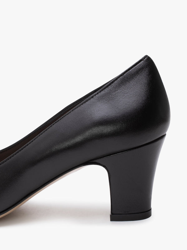 Akuna Black Leather Block Heel Court Shoes