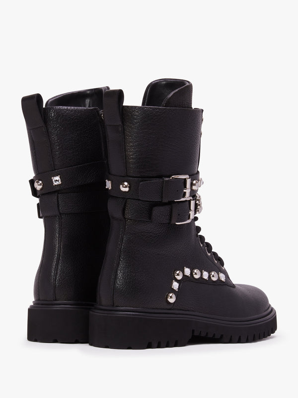 Ella Black Leather Embellished Tall Ankle Boots