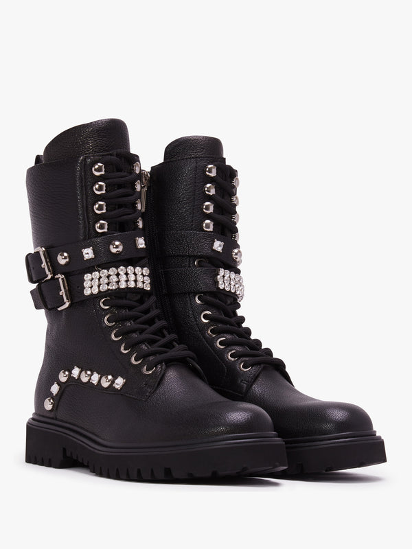 Ella Black Leather Embellished Tall Ankle Boots