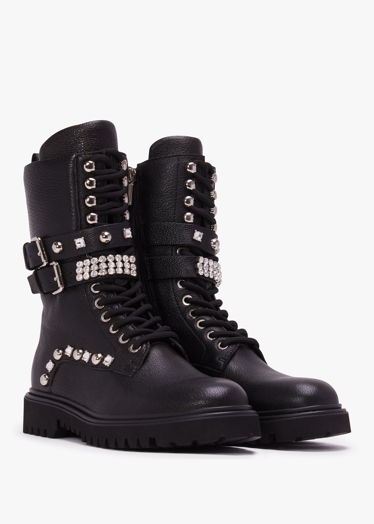 Ella Black Leather Embellished Tall Ankle Boots