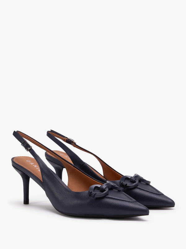 Eppie Navy Leather Mid Heel Sling Back Shoes