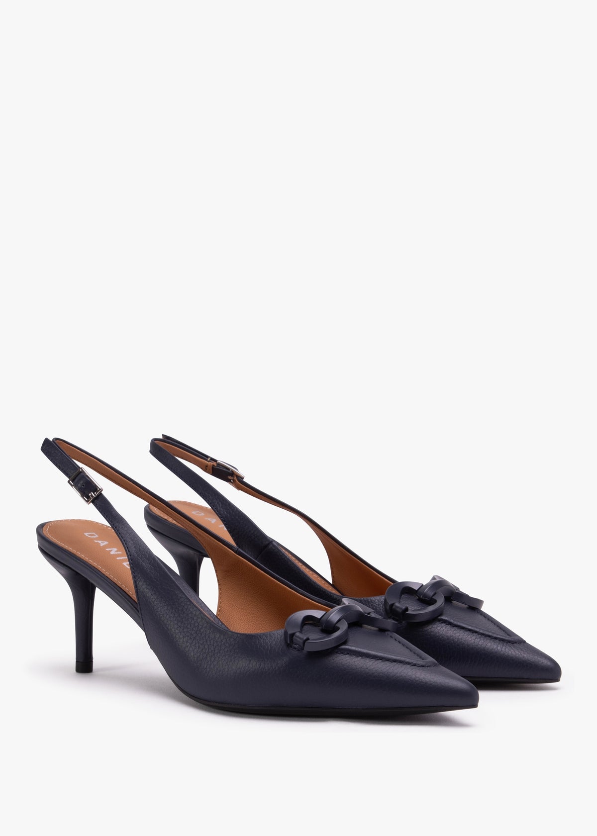 Eppie Navy Leather Mid Heel Sling Back Shoes