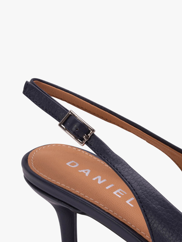 Eppie Navy Leather Mid Heel Sling Back Shoes
