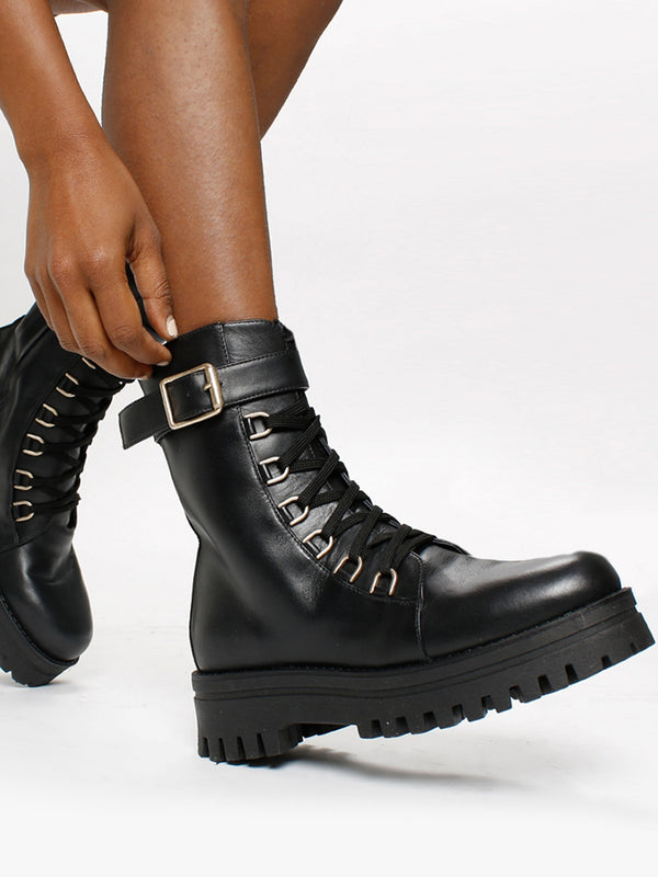 Fiker Black Leather Collar Strap Biker Boots