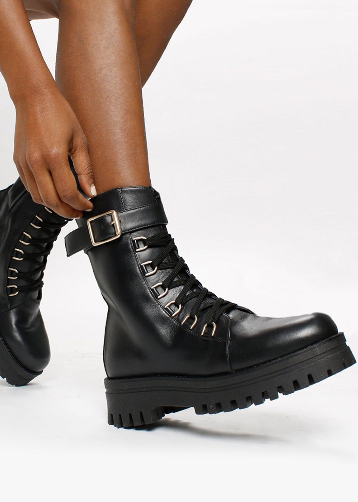 Fiker Black Leather Collar Strap Biker Boots