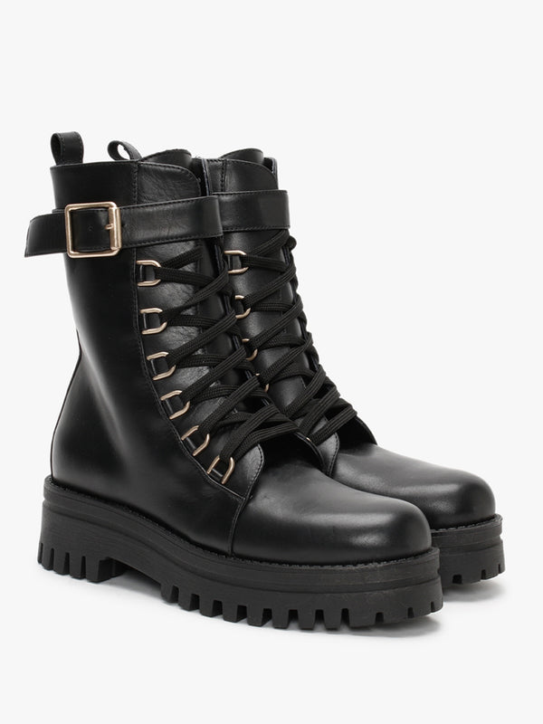 Fiker Black Leather Collar Strap Biker Boots