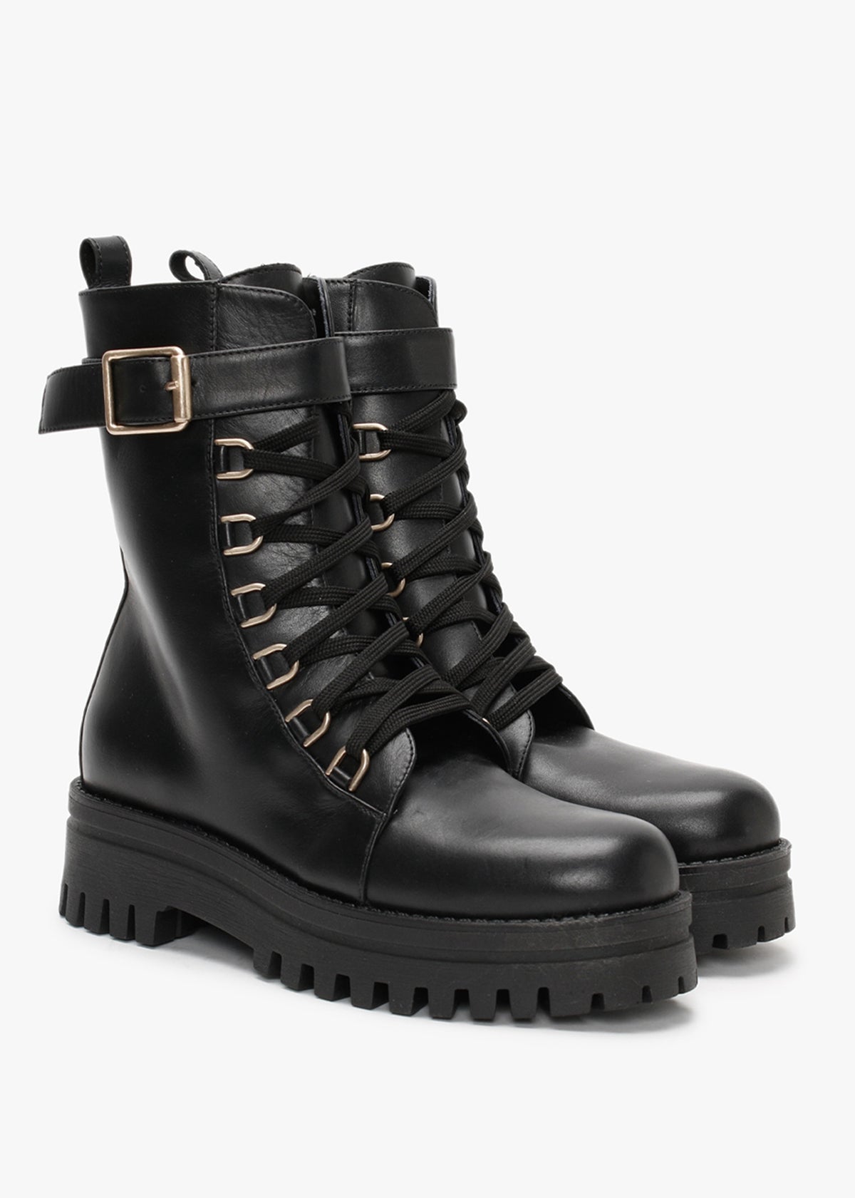 Fiker Black Leather Collar Strap Biker Boots