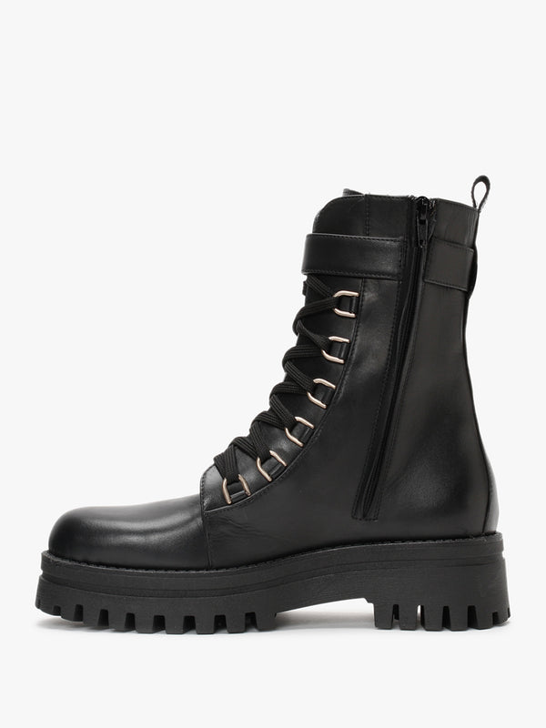Fiker Black Leather Collar Strap Biker Boots