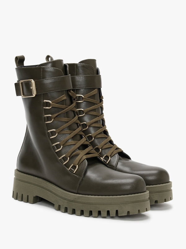 Fiker Green Leather Collar Strap Biker Boots