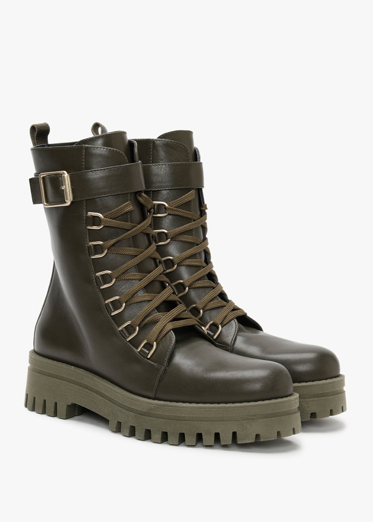 Fiker Green Leather Collar Strap Biker Boots