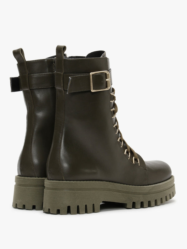 Fiker Green Leather Collar Strap Biker Boots