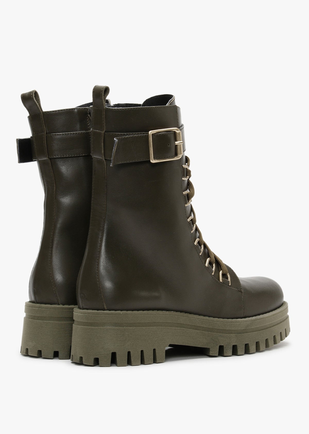 Fiker Green Leather Collar Strap Biker Boots