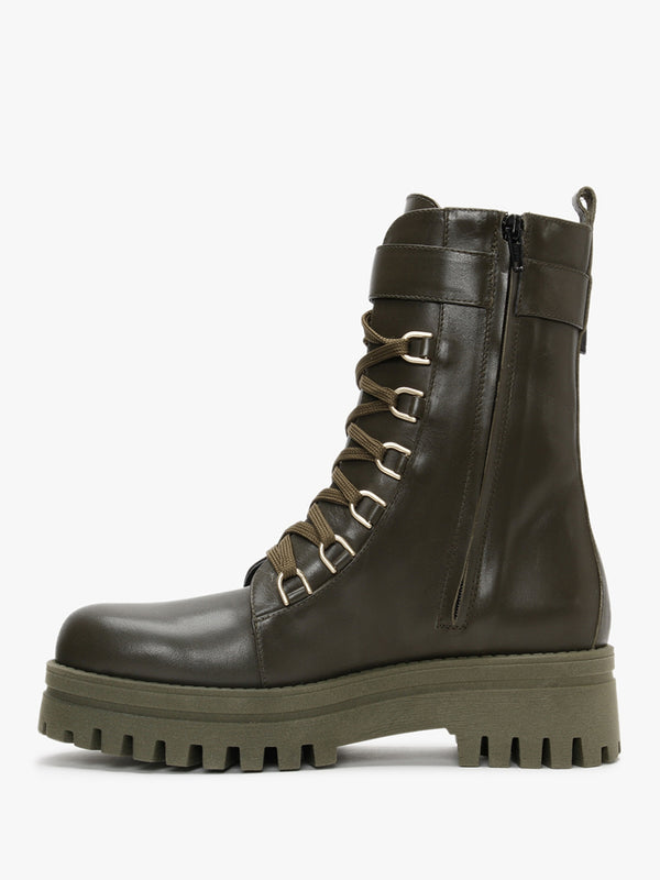 Fiker Green Leather Collar Strap Biker Boots
