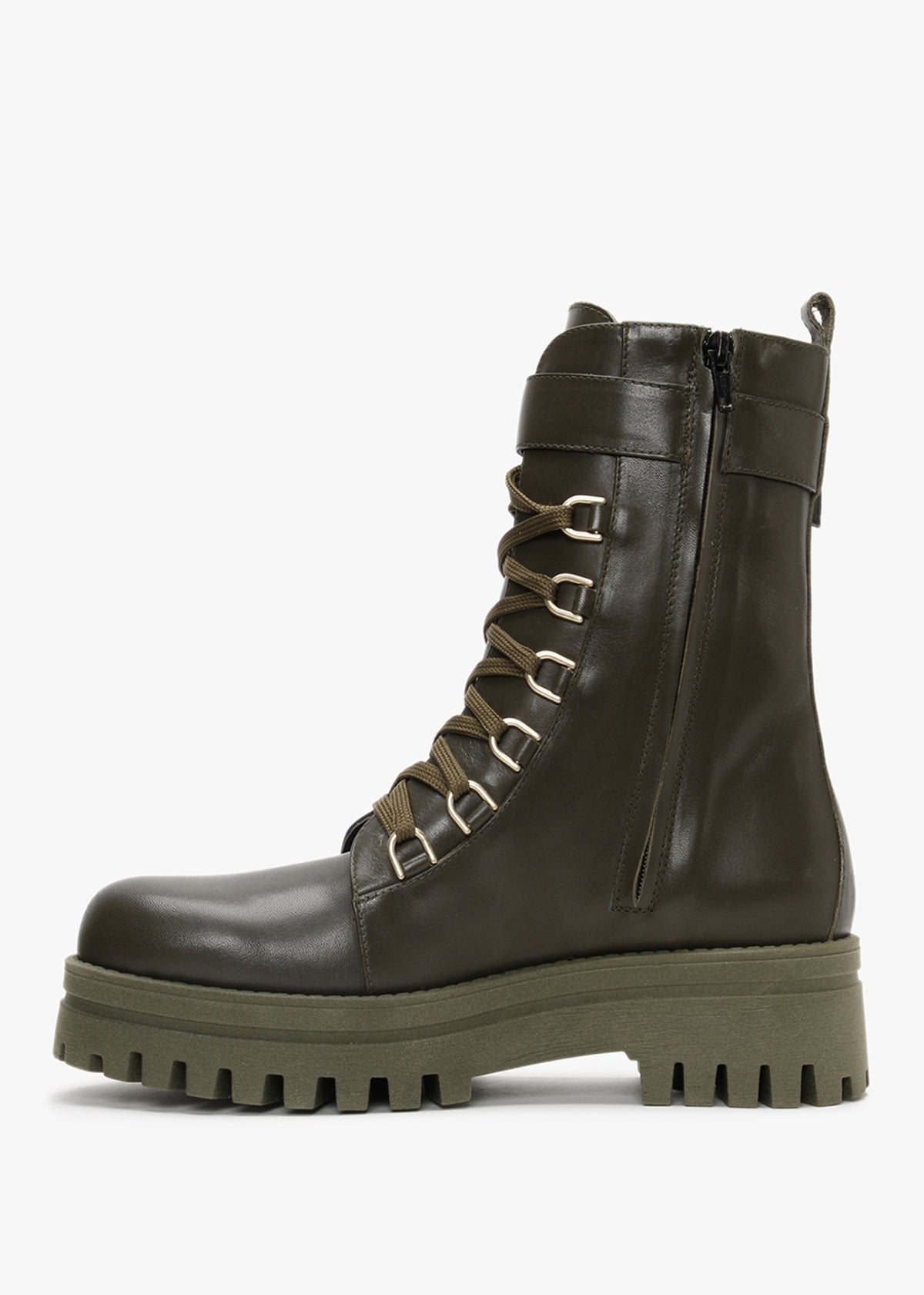 Fiker Green Leather Collar Strap Biker Boots