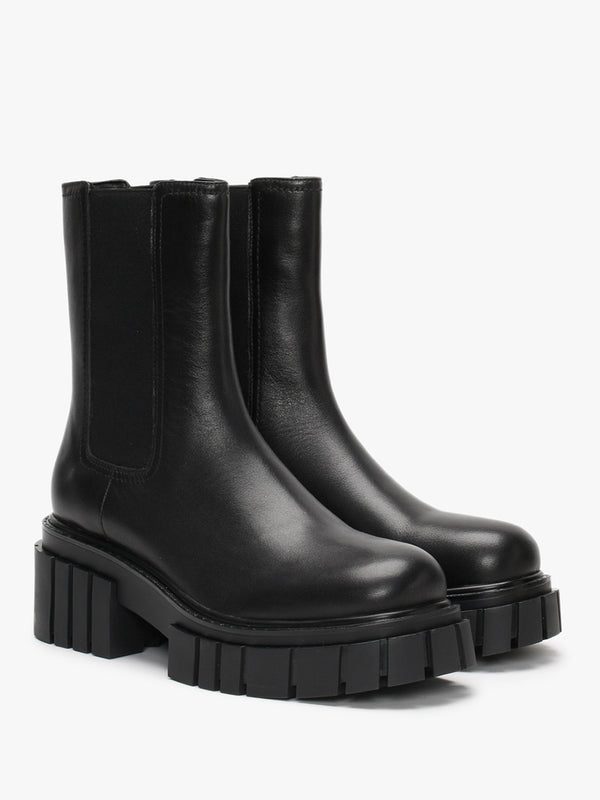 Pleat Black Leather Lug Sole Boots