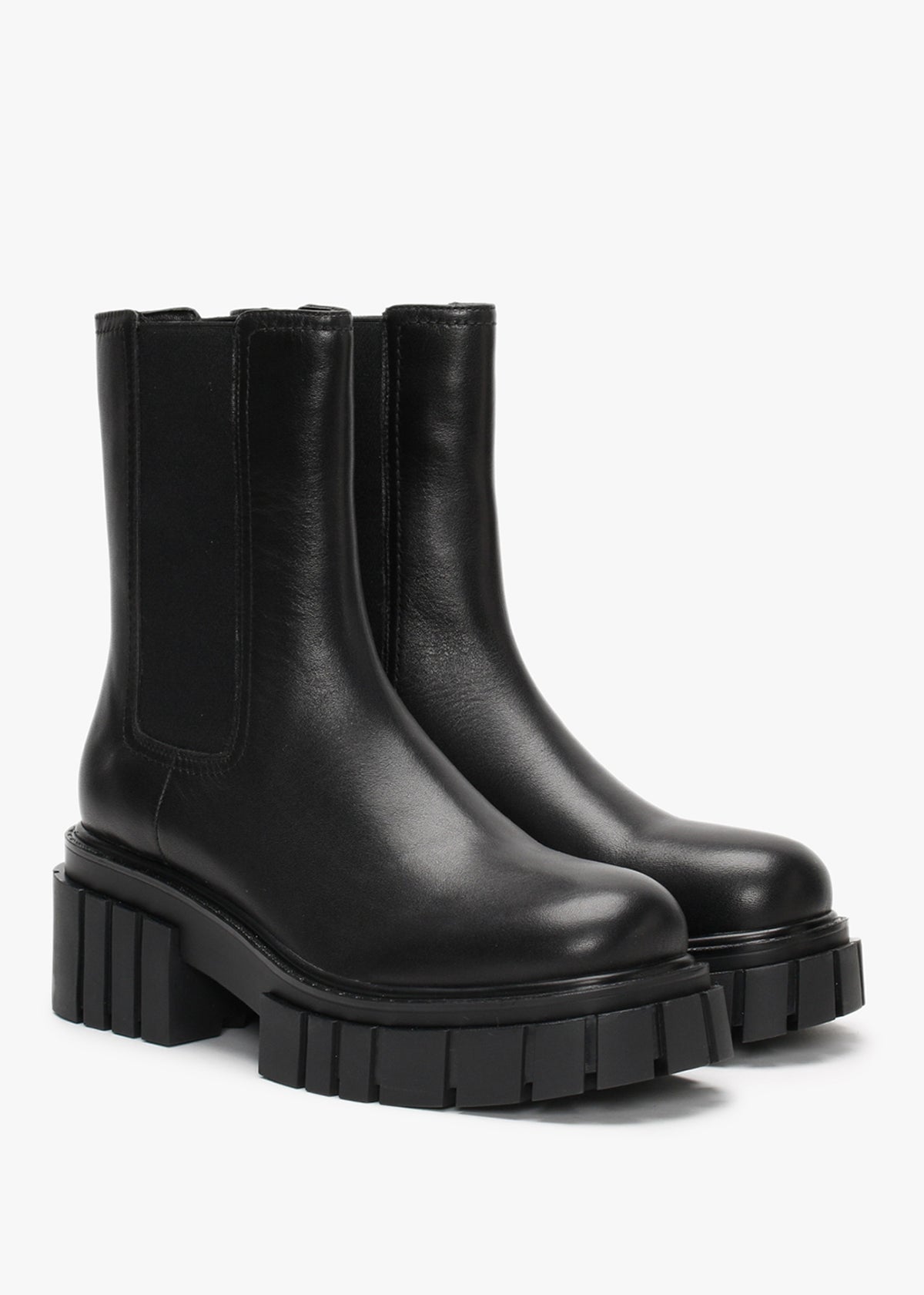 Pleat Black Leather Lug Sole Boots