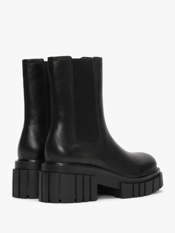 Pleat Black Leather Lug Sole Boots