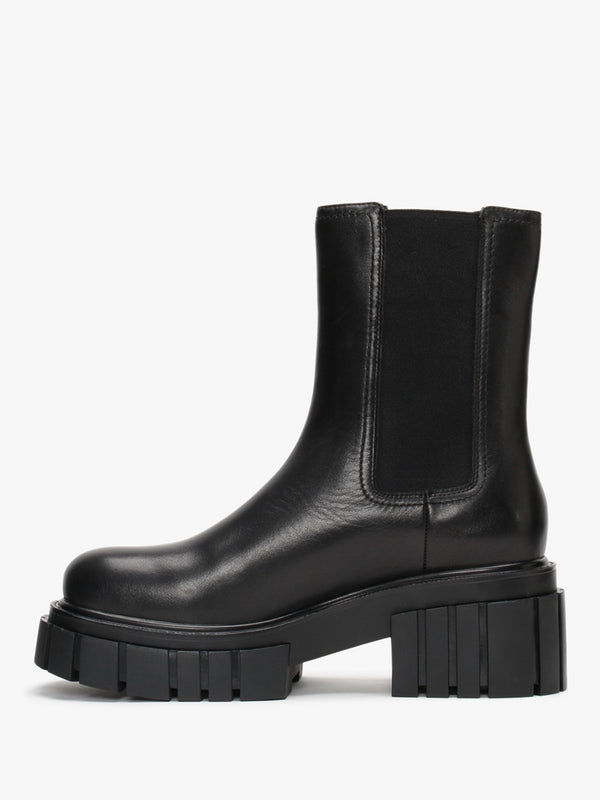 Pleat Black Leather Lug Sole Boots