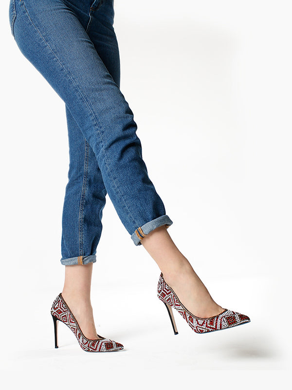 Polly Black Suede Red Multi Embellished Court Shoes