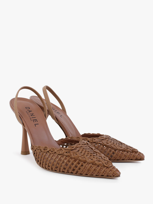Tiffi Tan Leather Woven Sling Back Court Shoes
