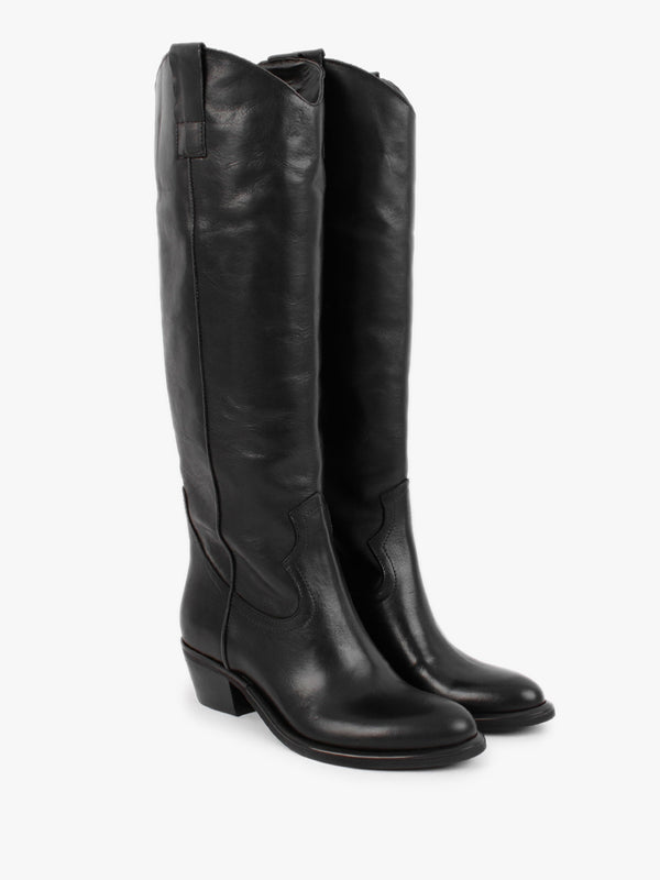 Kermax Black Leather Western Knee Boots