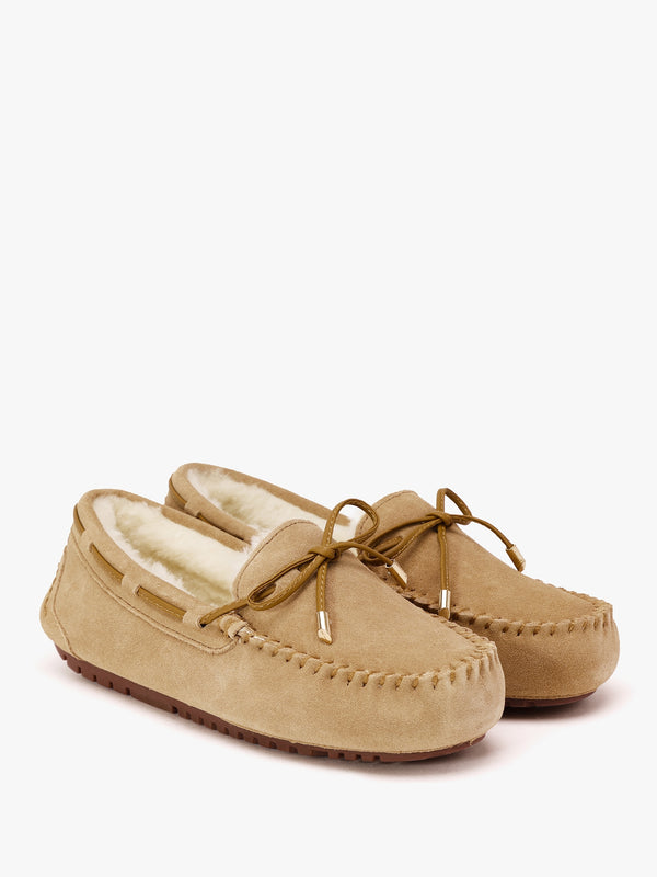 Moccy Beige Suede Moccasin Slippers
