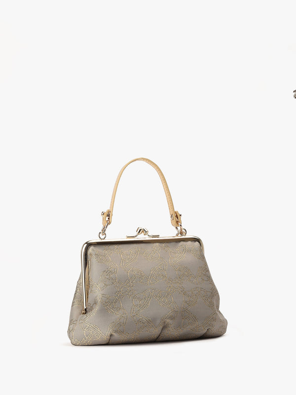 Granny Frame Jacquard Orborama Lurex Gold & Grey Purse On A Chain