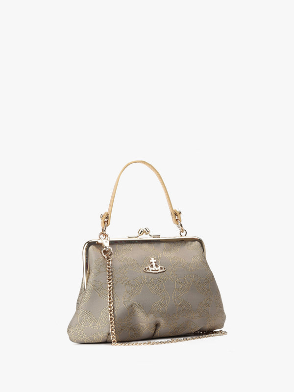 Granny Frame Jacquard Orborama Lurex Gold & Grey Purse On A Chain