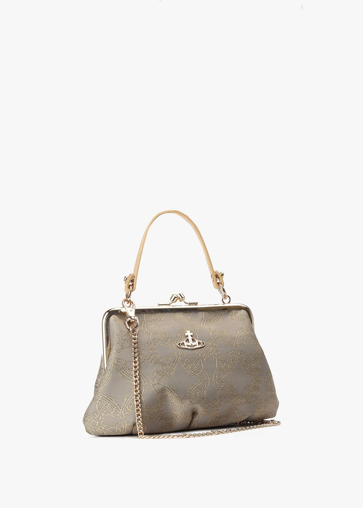 Granny Frame Jacquard Orborama Lurex Gold & Grey Purse On A Chain