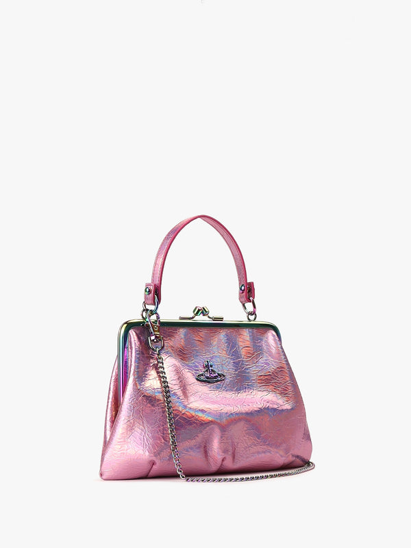 Granny Frame Iridescent Pink Vegan Purse On A Chain