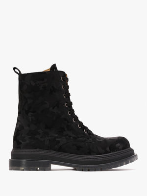 Rammie Black Leather Camo Ankle Boots