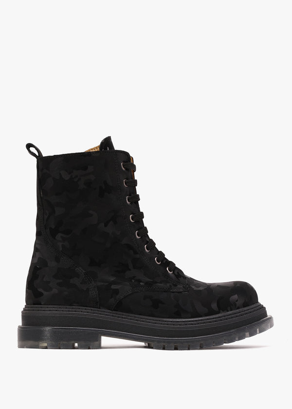 Rammie Black Leather Camo Ankle Boots