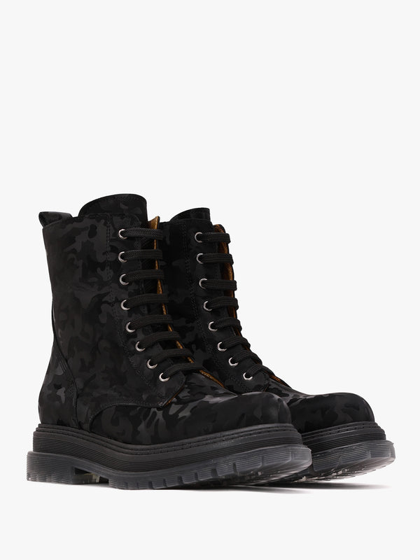 Rammie Black Leather Camo Ankle Boots
