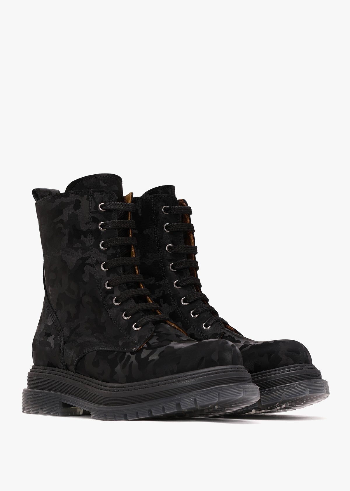 Rammie Black Leather Camo Ankle Boots