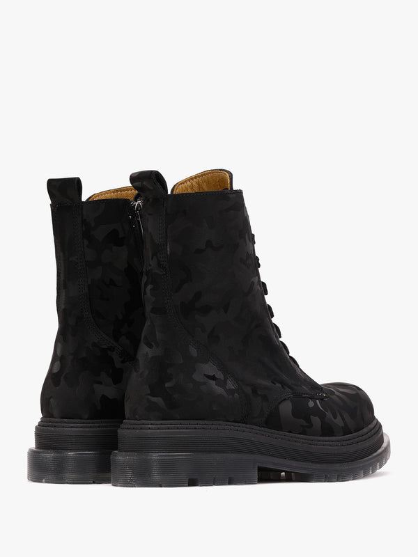 Rammie Black Leather Camo Ankle Boots