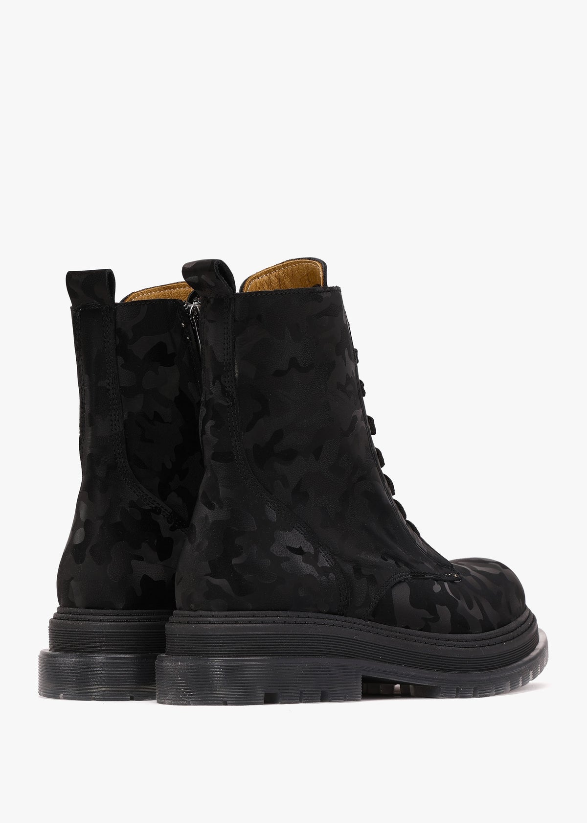 Rammie Black Leather Camo Ankle Boots