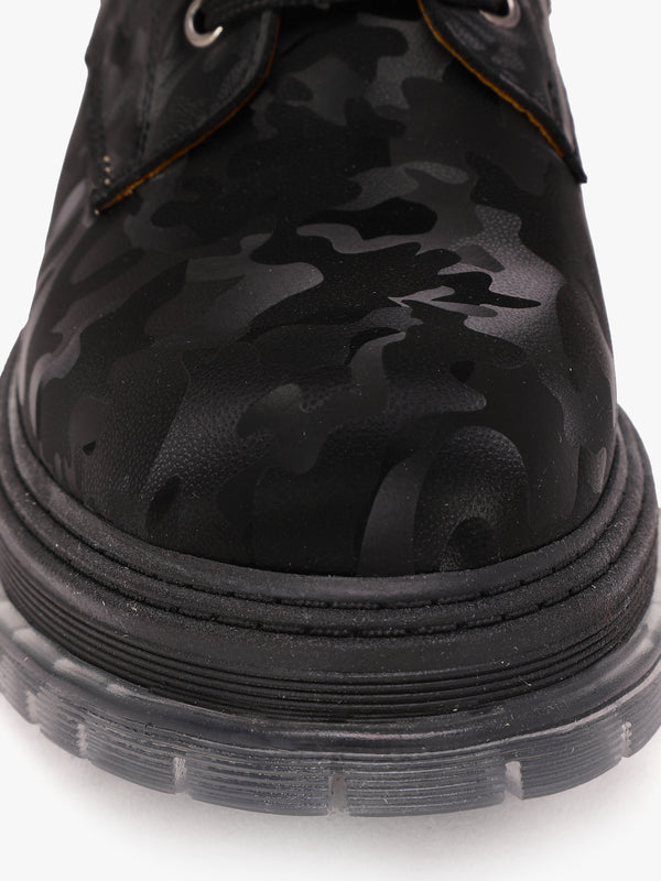 Rammie Black Leather Camo Ankle Boots
