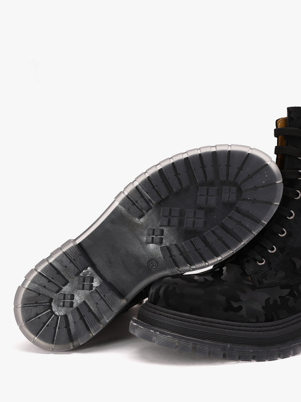Rammie Black Leather Camo Ankle Boots