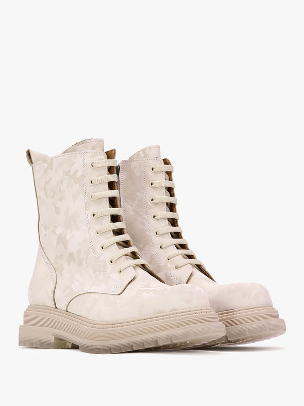 Rammie White Leather Camo Ankle Boots