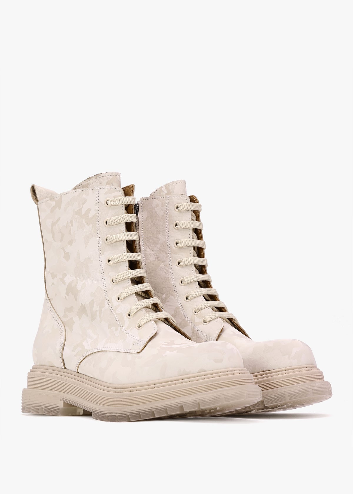 Rammie White Leather Camo Ankle Boots