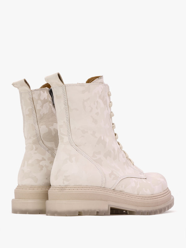 Rammie White Leather Camo Ankle Boots