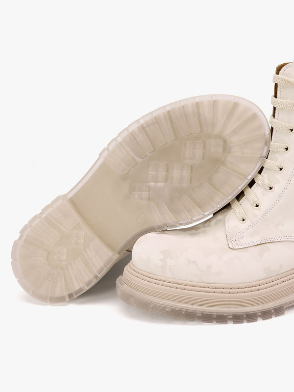 Rammie White Leather Camo Ankle Boots