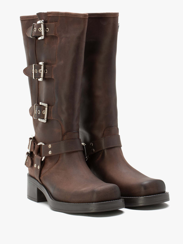 Emotie Brown Leather Multi Buckle Biker Boots