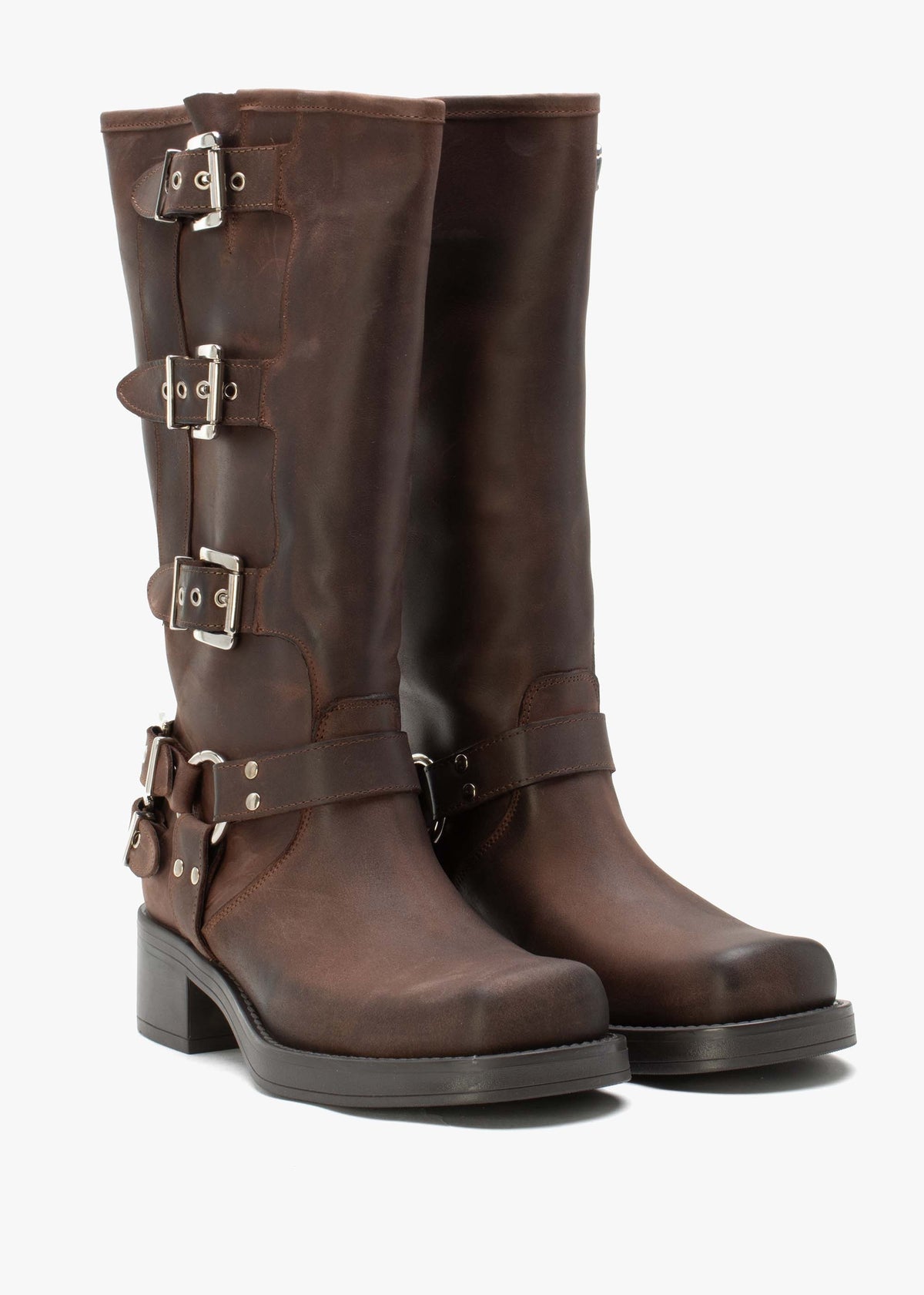 Emotie Brown Leather Multi Buckle Biker Boots